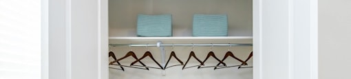 A white closet with two shelves and two pillows.