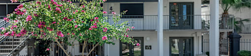 the backyard of a house with a garden and a balcony