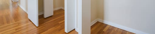 a bedroom with two closets and a wood floor and white doors