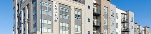 A modern apartment building named Hangar.