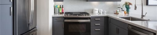 grey kitchen appliances and grey cabinets in kitchen