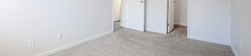 A room with white walls and carpeted floor with two open doors.