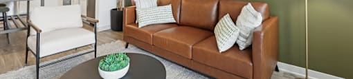 A living room with a brown couch, a black coffee table, and a green plant.