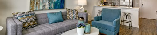 living room with grey sofas at Brixton South Shore, Austin, Texas
