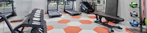 A gym with a variety of equipment including treadmills, weights, and exercise benches.