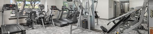 A gym with a variety of equipment including treadmills, weights, and benches.
