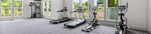 A spacious gym with treadmills, elliptical machines, and a television.