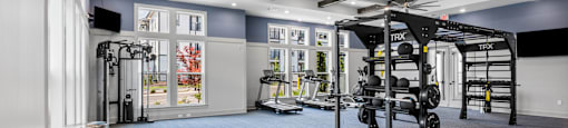 A gym with a variety of equipment including TRX.