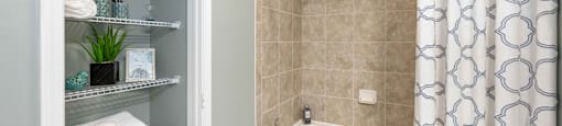 a bathroom with a bathtub and a shower with a curtain