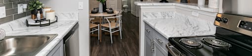 an open kitchen and dining room with white cabinets and marble counter tops