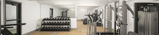 A gym with a variety of equipment including a bench, weights, and a leg press machine.