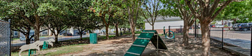 A playground with a green slide and trees.
