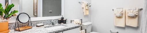A bathroom with a toilet, sink, and mirror.