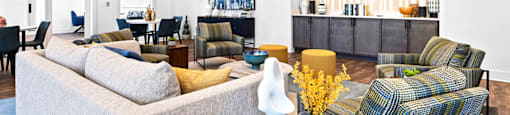 a living room with a couch and a table
