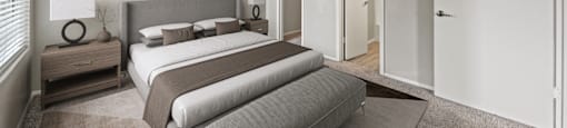 a bedroom with a large bed and a closet