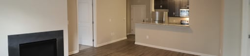 Renovated unit with plank flooring and fireplace
