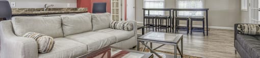 A living room with a grey couch and a glass coffee table.