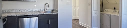 A kitchen with dark brown cabinets and a white counter top.
