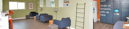 a living room with couches and chairs and a ladder at Mountain Run Apartments, 84058