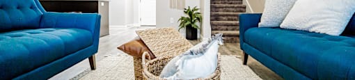 a living room with two blue couches and a basket at Arcadia Townhomes, Roy