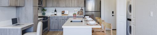 A modern kitchen with wooden cabinets and a white island.