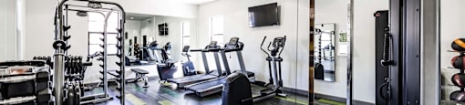 gym with weights and cardio equipment and a tv at EVERETT APARTMENT HOMES, Las Vegas