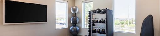 A modern living room with a black screen, a black speaker, and a black exercise ball.