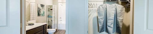 Bathroom and closet at THE RISE APARTMENT HOMES, Las Vegas, NV