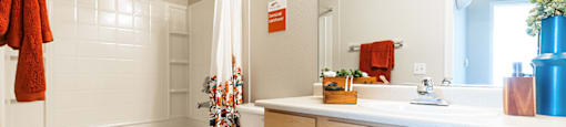 Bathroom vanity and shower at THE CLUBS AT RHODES RANCH APARTMENT HOMES, Nevada, 89148