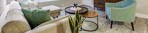 Furnished living room with large window at The Edge on the Boulevard, Fremont, CA 