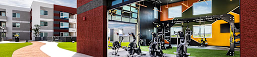 A gym with a row of exercise bikes and a red column.