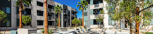 a courtyard with palm trees and benches and buildings