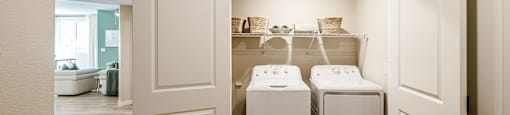 a washer and dryer room in a home with white doors