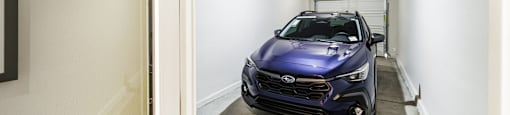 two pictures of a car parked in a garage