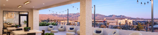 A modern dining area with a view of the cityscape.