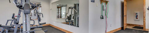 A spacious gym with a variety of equipment including a treadmill, weights, and a bench press.