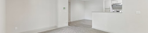 A room with a ceiling fan and carpeted floor.