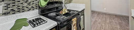 A person in a green glove is cooking in a black stove.
