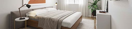 One-Bedroom Apartments In Glendale, AZ - Spectra West - Spacious Bedroom With Wood-Look Flooring, Area Rug, Large Bed, Nightstands with Lamps, Dresser, Floating Shelves, Houseplant, And Large Window.