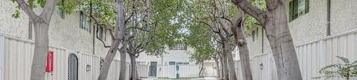 a green walkway between two white buildings with trees
