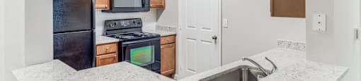 One-Bedroom Apartments in San Antonio, TX - Club at Stone Oak - Kitchen with Granite Countertops, Wood-Style Cabinets, and Black Appliances