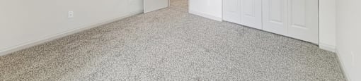 A white room with a carpeted floor and a white door.