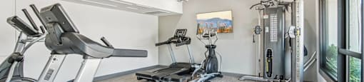 A well-equipped gym with treadmills, exercise bikes, and other equipment.