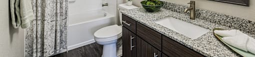 Bathroom with tub and shower head at Lotus at Starkey Ranch in Odessa, Florida.