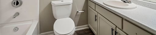 A white toilet sits next to a sink in a bathroom.