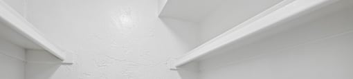 Empty white room with shelves and wooden floor.