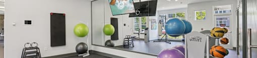 Colorful yoga balls arranged in the fitness center at Lotus at Starkey Ranch in Odessa, Florida.