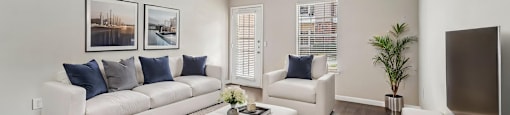 A living room with a white couch, a white chair, a white coffee table, and a white rug.