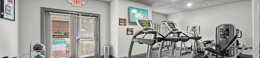 A gym with treadmills and exercise equipment.