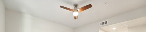 A room with a ceiling fan and carpeted floor.